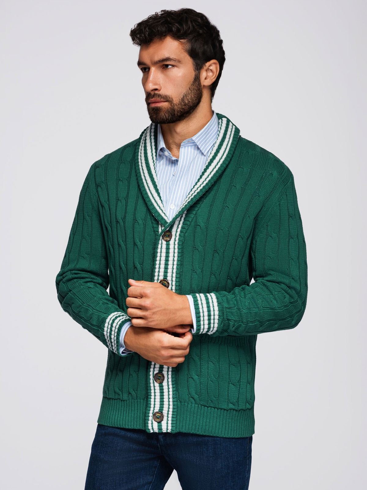 Ombre Men's cardigan sweater with shawl collar in preppy style - green