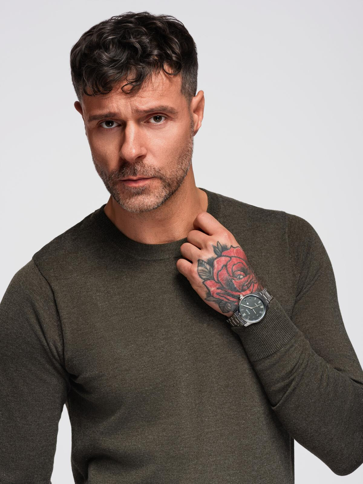 Ombre Men's BASIC viscose classic sweater with round neckline - olive melange