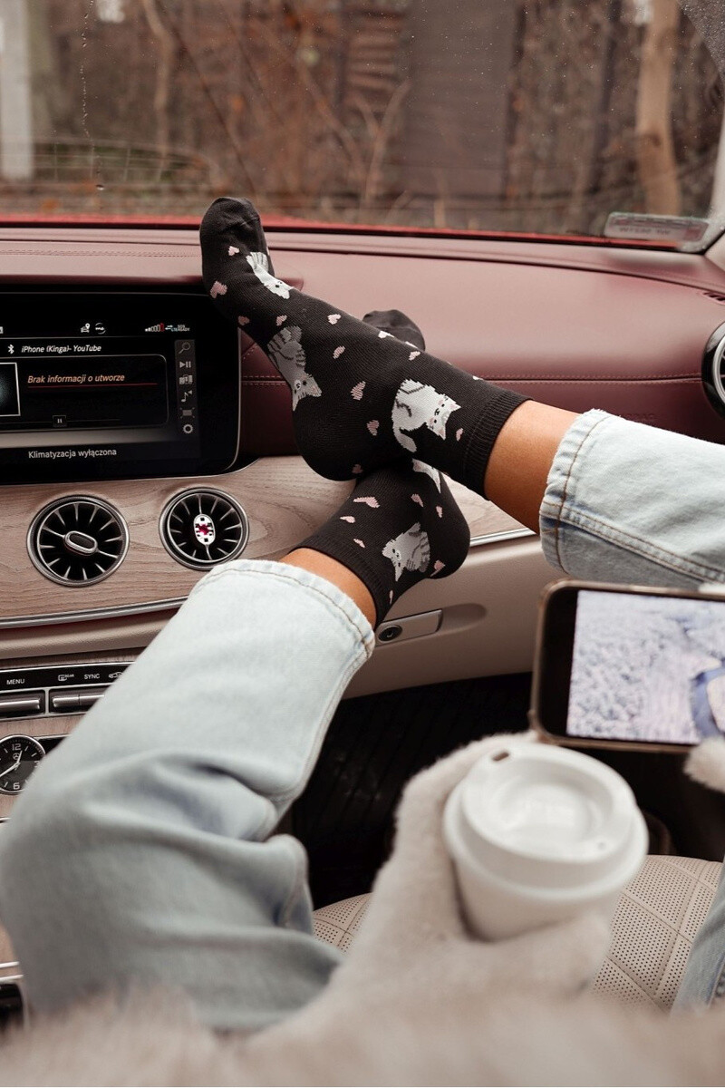 Milena Dámske ponožky Mačky a Srdcia Čierne