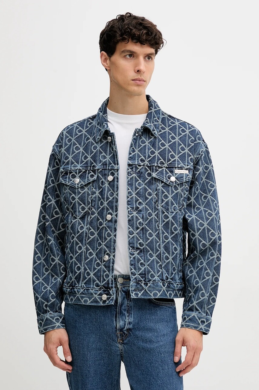 Rifľová bunda Calvin Klein Jeans modrá farba, prechodná, oversize, LV04RD767G