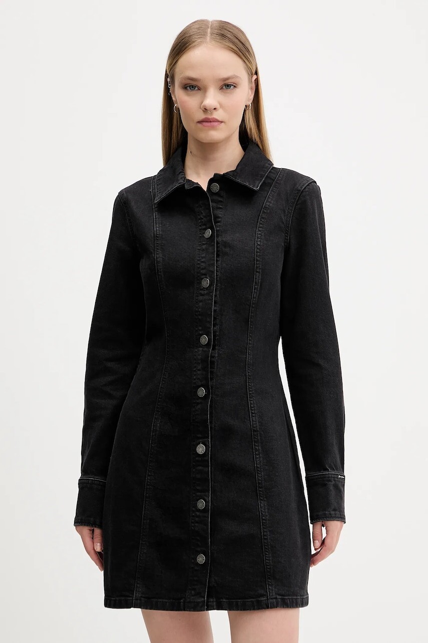 Rifľové šaty Guess Jeans čierna farba, mini, áčkový strih, W5BK48 D0831