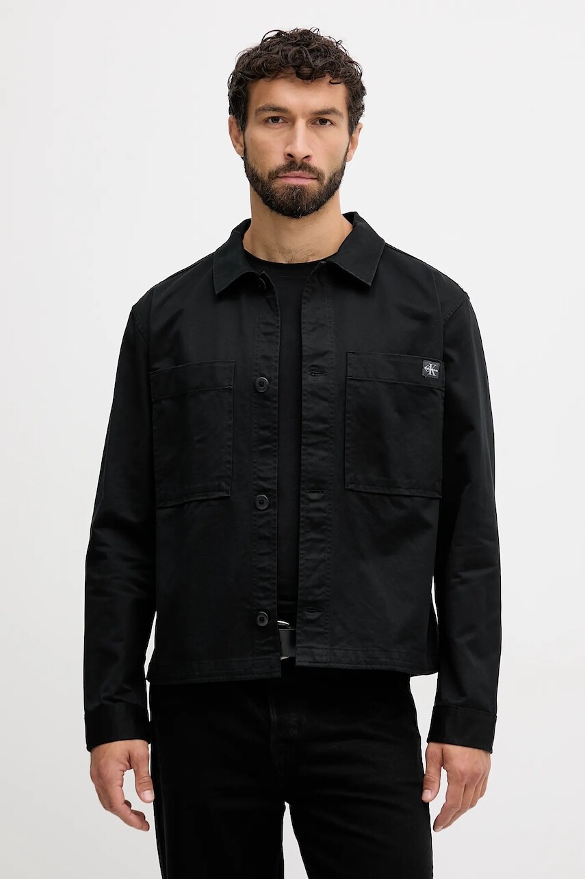 Bavlnená košeľa Calvin Klein Jeans čierna farba, voľný strih, s klasickým golierom, LV04RD110G