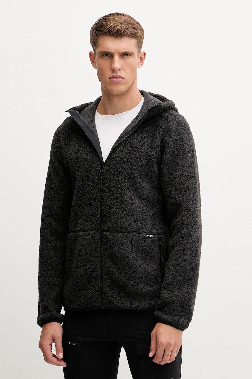 Fleecová mikina Haglöfs Funäs čierna farba, s kapucňou, jednofarebná, 607817