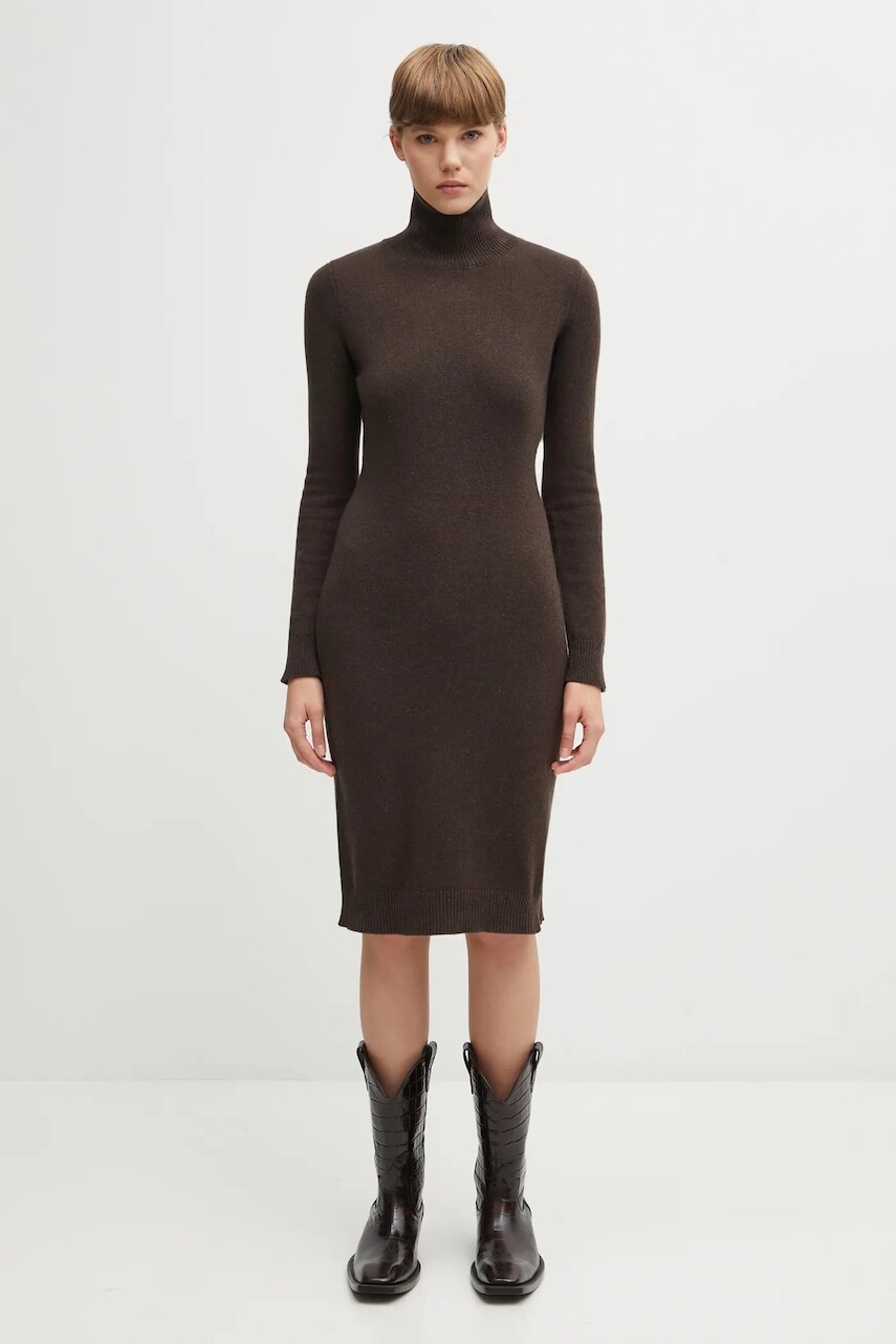 Šaty s prímesou vlny MM6 Maison Margiela hnedá farba, midi, rovný strih, S62DD0054.M13187.144