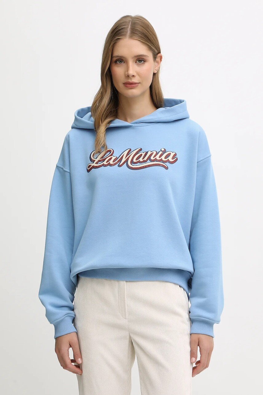 Mikina La Mania TAE modrá farba, s kapucňou, s potlačou, TAE