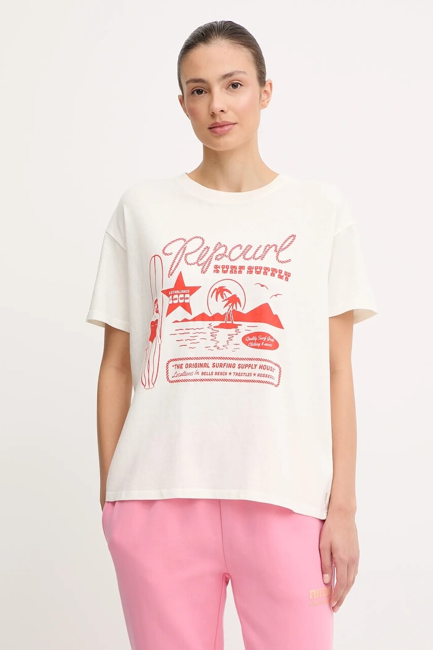 Bavlnené tričko Rip Curl SURF SUPPLY dámske, béžová farba, 0JUWTE
