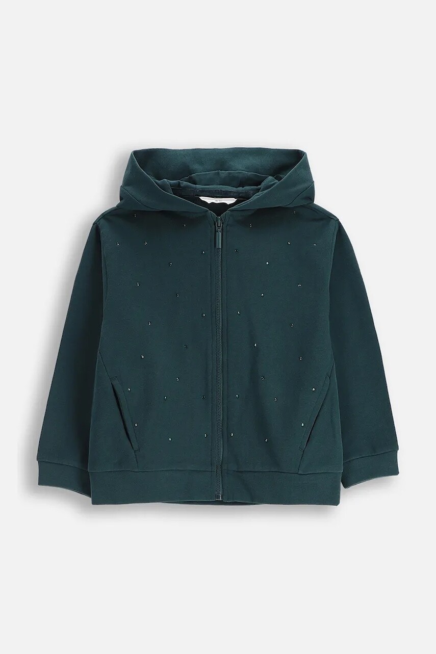 Detská bavlnená mikina Coccodrillo zelená farba, s kapucňou, s nášivkou, FROSTING PUDDLE GIRL KIDS