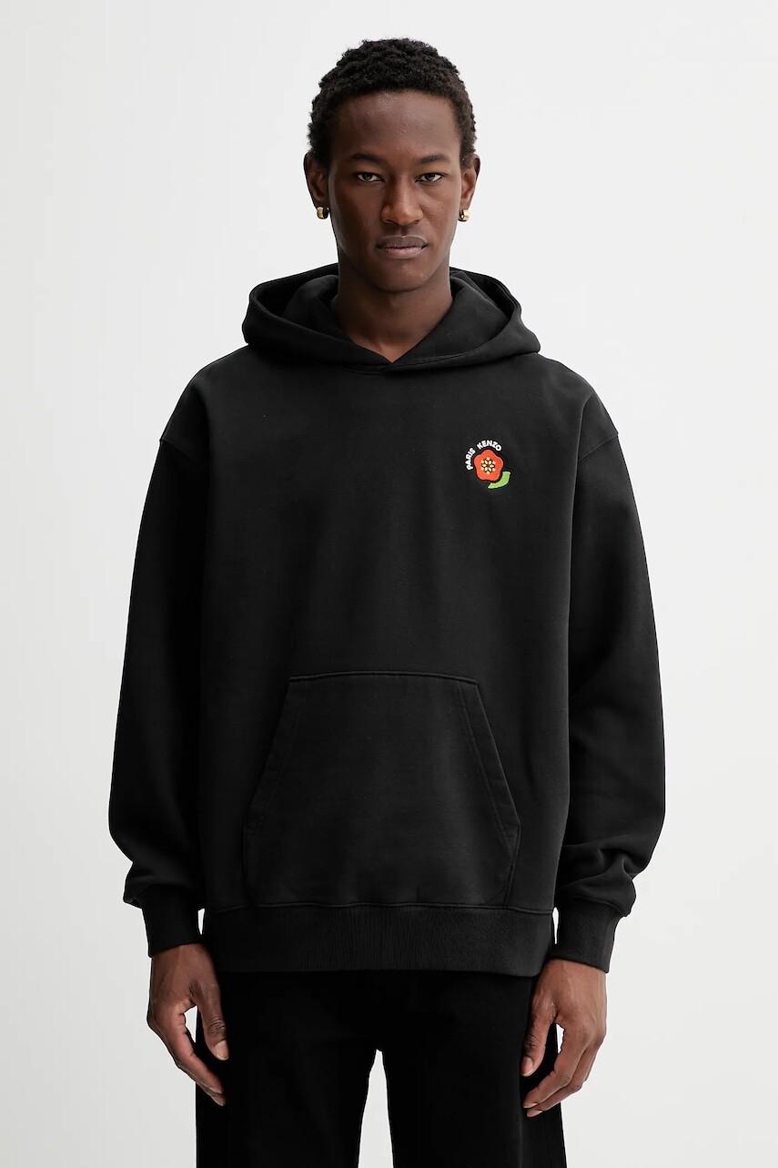 Bavlnená mikina Kenzo pánska, čierna farba, s kapucňou, s nášivkou, FF55SW2754MC.99J