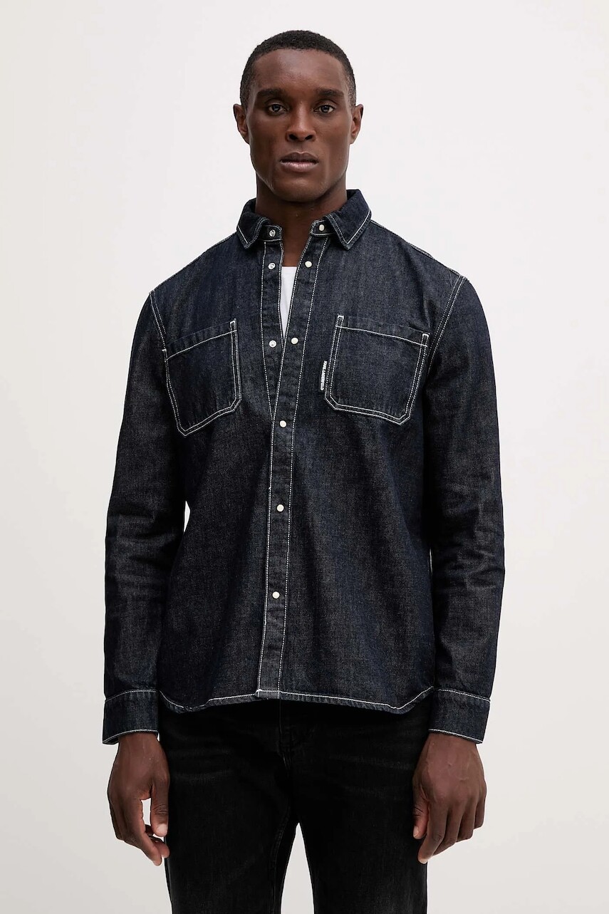 Rifľová košeľa Karl Lagerfeld tmavomodrá farba, regular, s klasickým golierom, 553864.605903