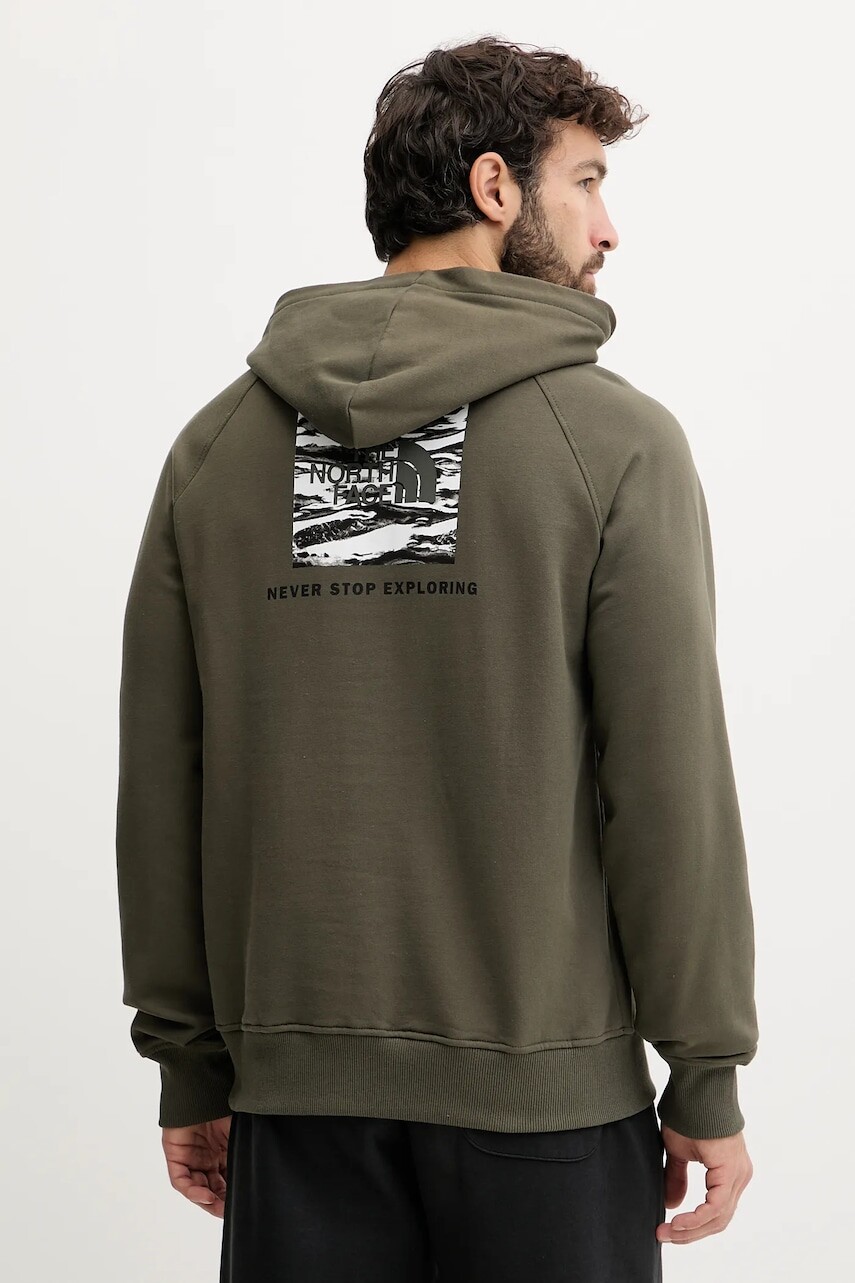 Bavlnená mikina The North Face zelená farba, s kapucňou, s potlačou, NF0A8E3KFA41