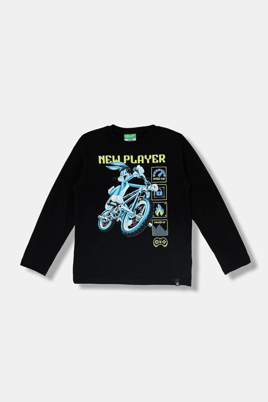 Detská bavlnená košeľa s dlhým rukávom United Colors of Benetton čierna farba, s potlačou, 3ATNC10RL