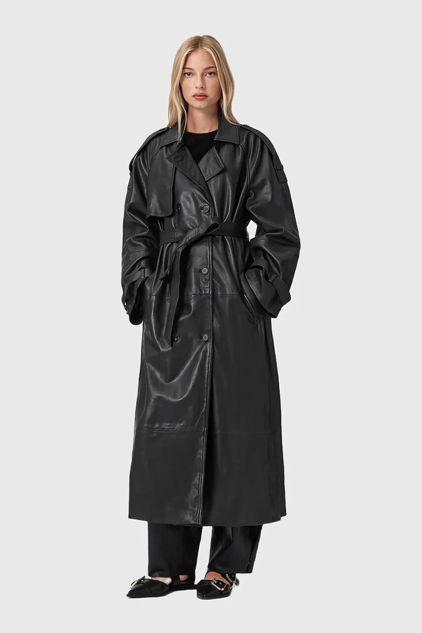 Kožený kabát AllSaints REED čierna farba, W004LD