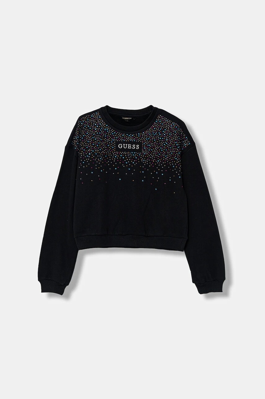 Detská bavlnená mikina Guess čierna farba, s nášivkou, J5BQ05 KAV34