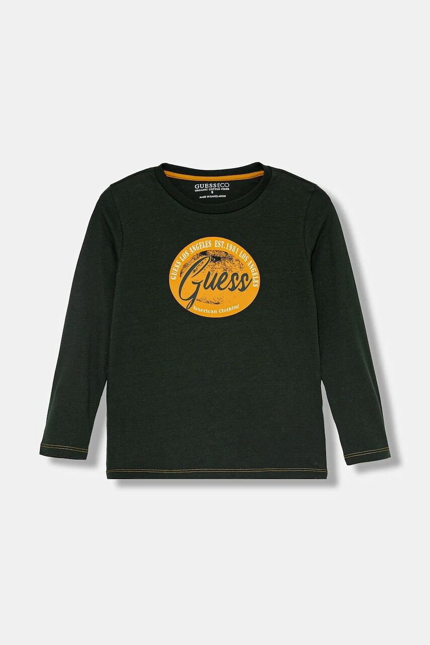 Detská bavlnená košeľa s dlhým rukávom Guess zelená farba, s potlačou, N5BI11 I3Z14