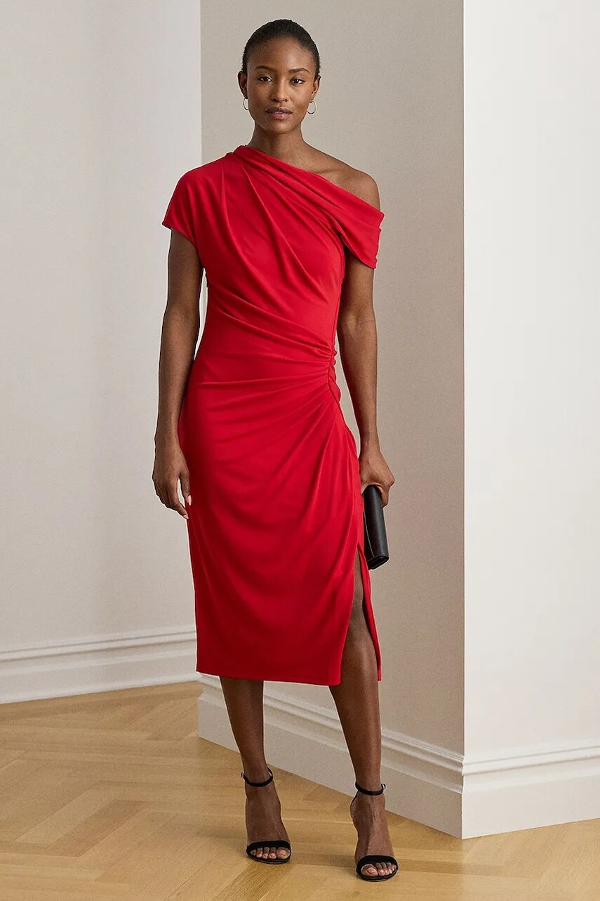 Šaty Lauren Ralph Lauren červená farba, midi, priliehavé, 200980223