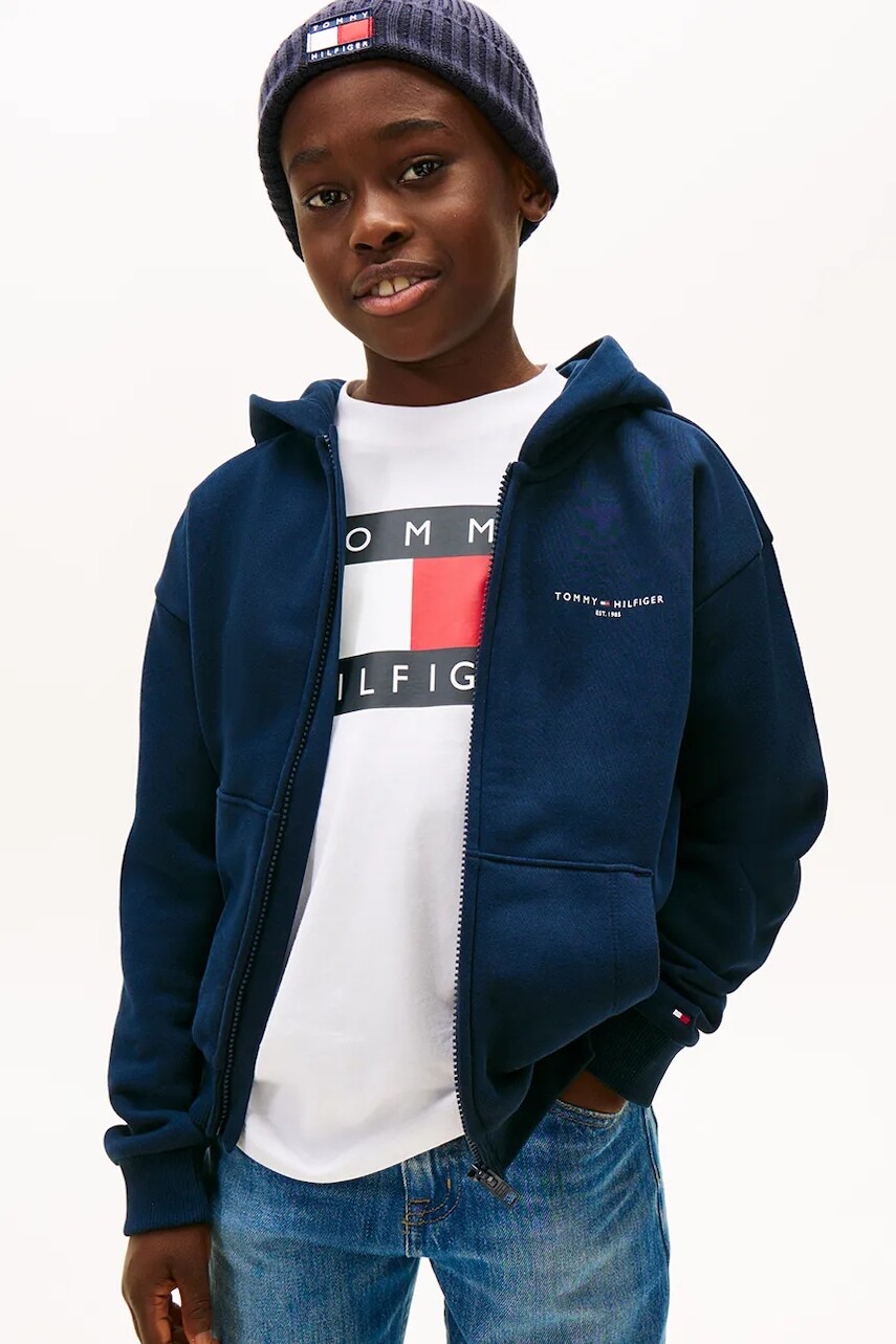 Detská bavlnená mikina Tommy Hilfiger tmavomodrá farba, s kapucňou, s potlačou, KS0KS00726