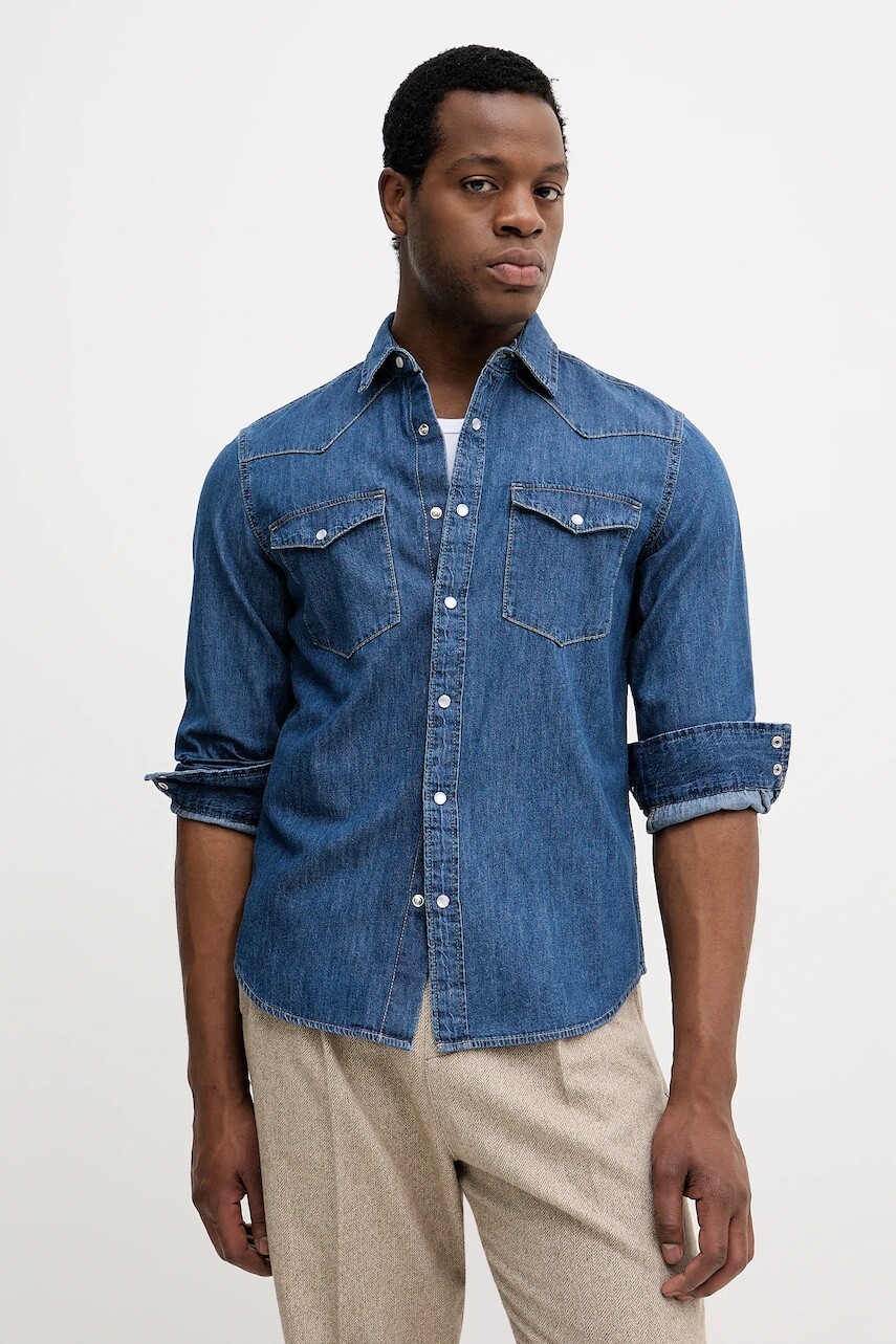 Rifľová košeľa United Colors of Benetton modrá farba, regular, s klasickým golierom, 5RZKUQ036