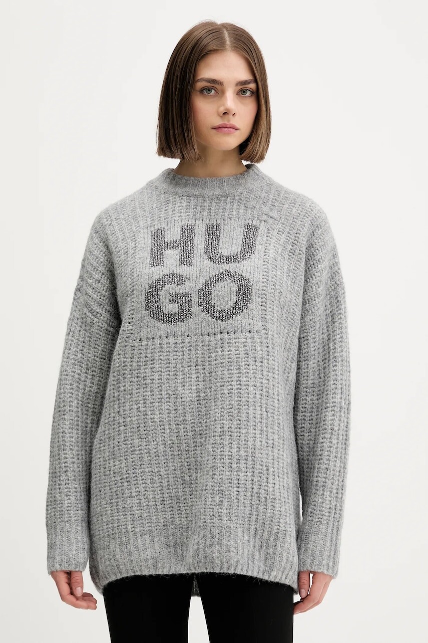 Sveter s prímesou vlny HUGO šedá farba, teplé, 50548245