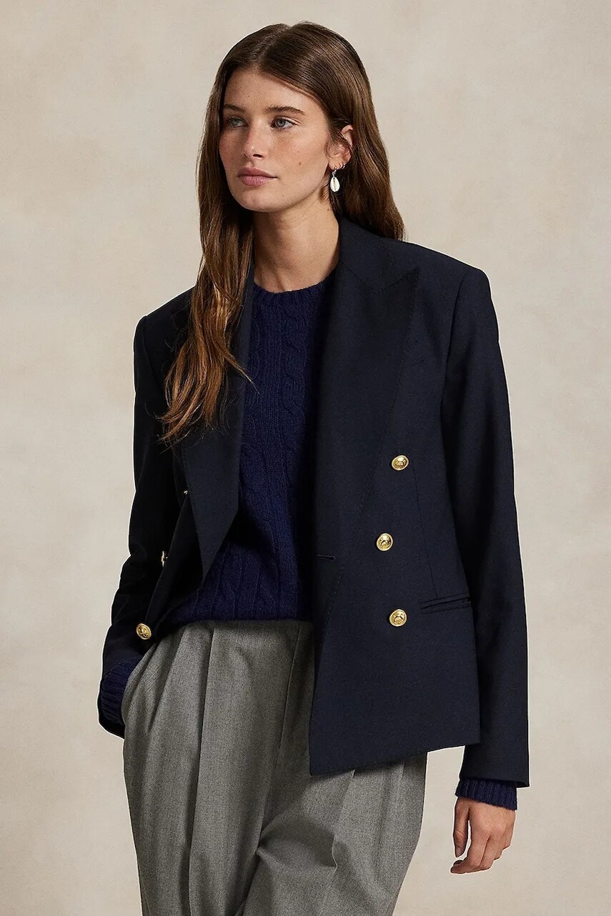 Bunda s prímesou vlny Polo Ralph Lauren tmavomodrá farba, dvojradová, jednofarebná, 211952571