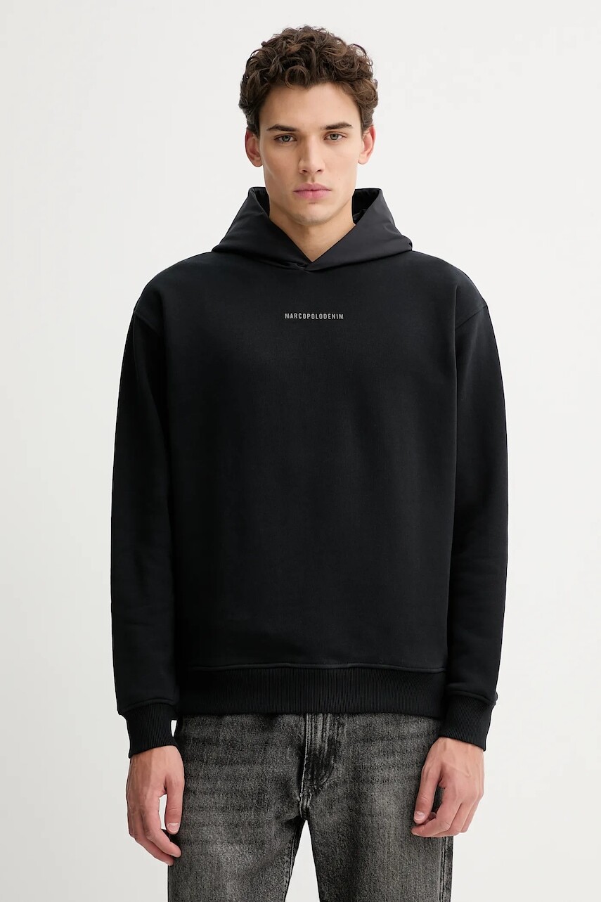 Bavlnená mikina Marc O'Polo čierna farba, s kapucňou, s potlačou, 5000007702