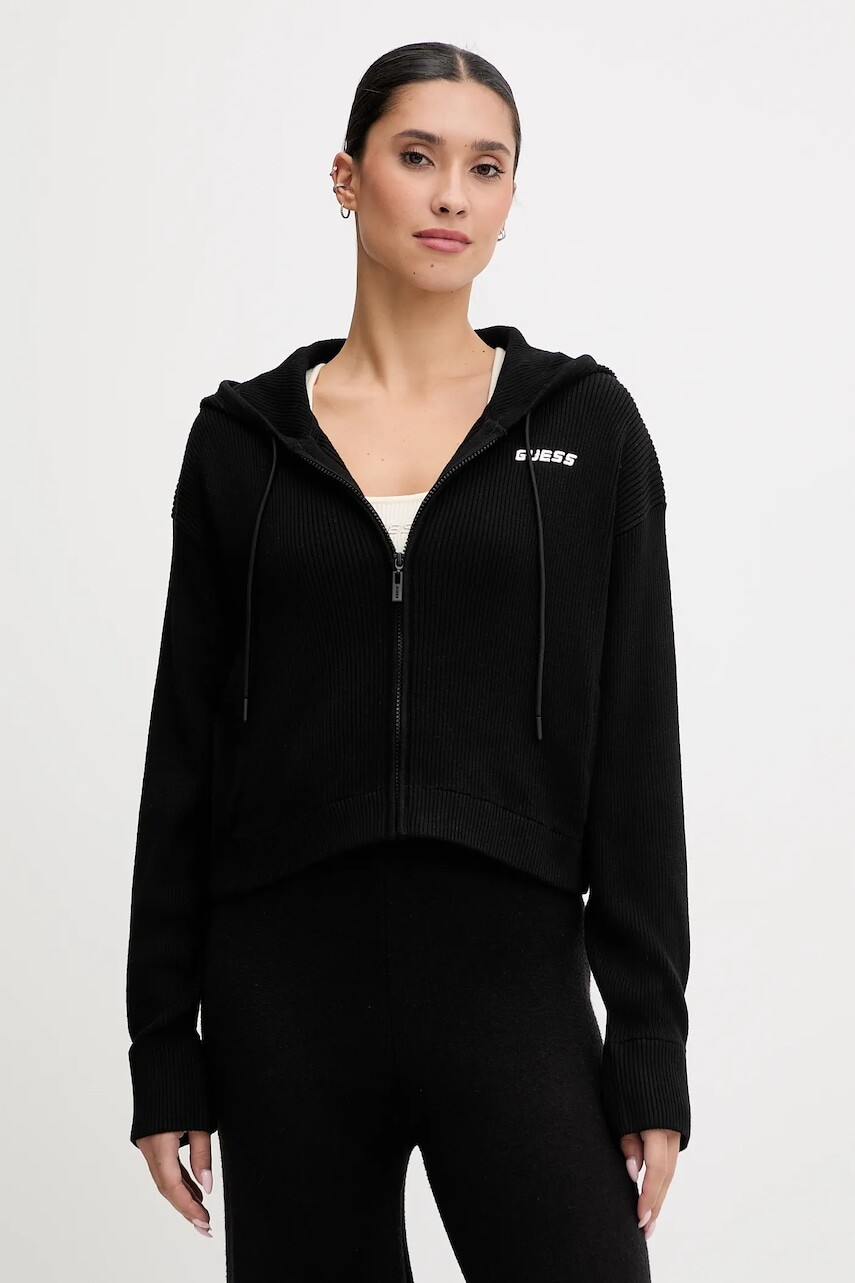 Mikina s prímesou vlny Guess FLAMINIA čierna farba, s kapucňou, jednofarebná, V5BR05 Z3JD2