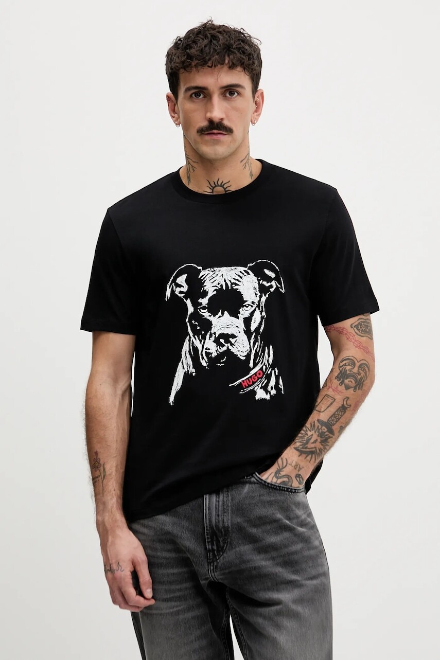 Bavlnené tričko HUGO pánske, čierna farba, vzorované, 50553779