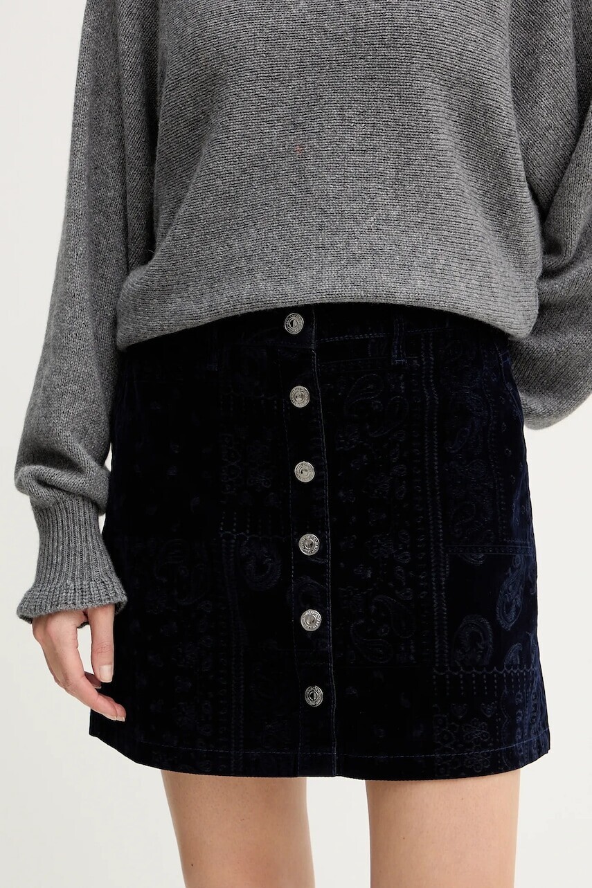 Zamatová sukňa Guess SERENA tmavomodrá farba, mini, rovný strih, W5BD86 D0731