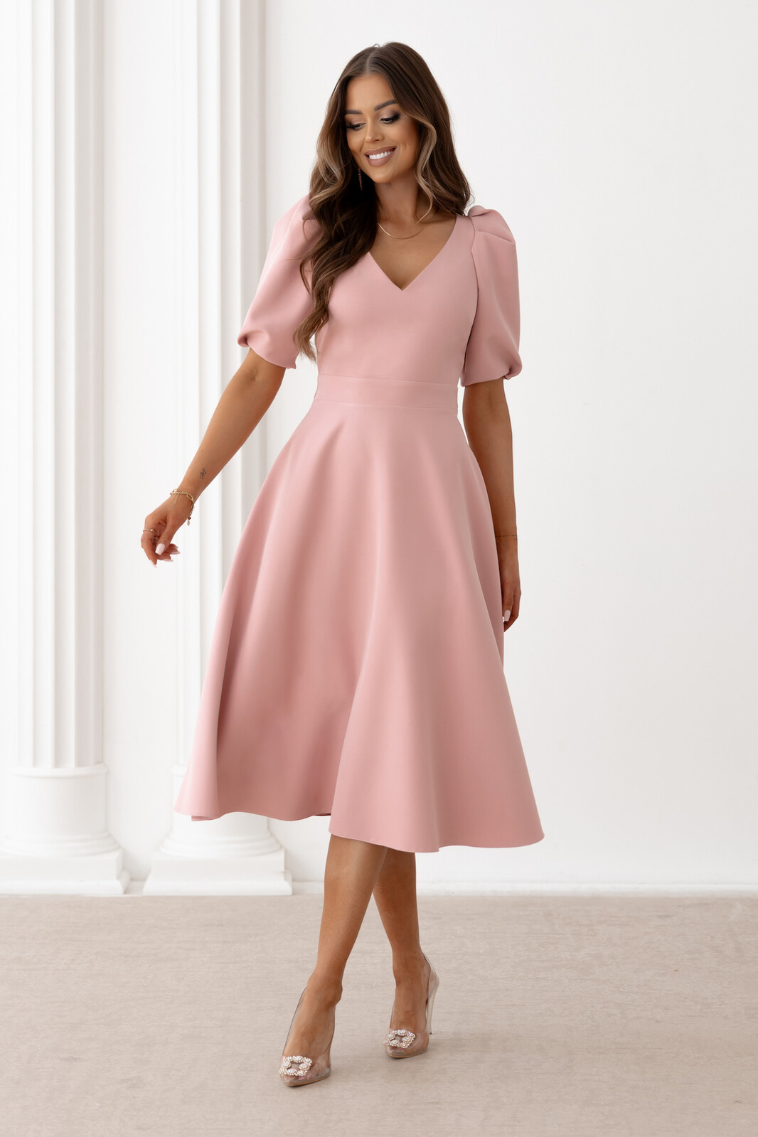 Lacoria Staroružové midi šaty s balónovými rukávmi Veľkosť: XXL