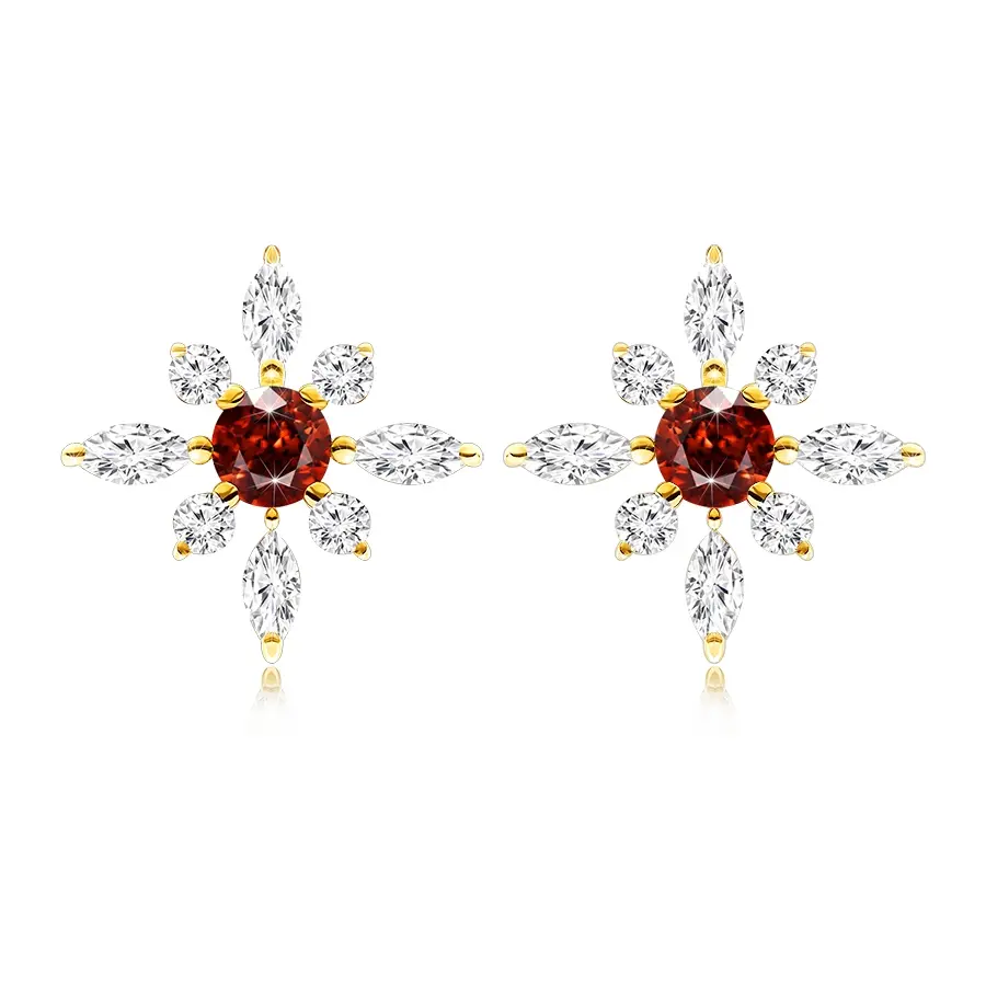 Náušnice zo žltého 14K zlata kvet s okrúhlym granátom a zirkónmi