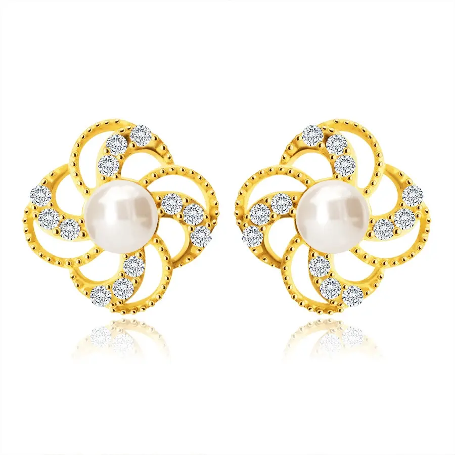 Náušnice zo 14K zlata - kvietok s obrysmi lupeňov, zirkóniky, perla