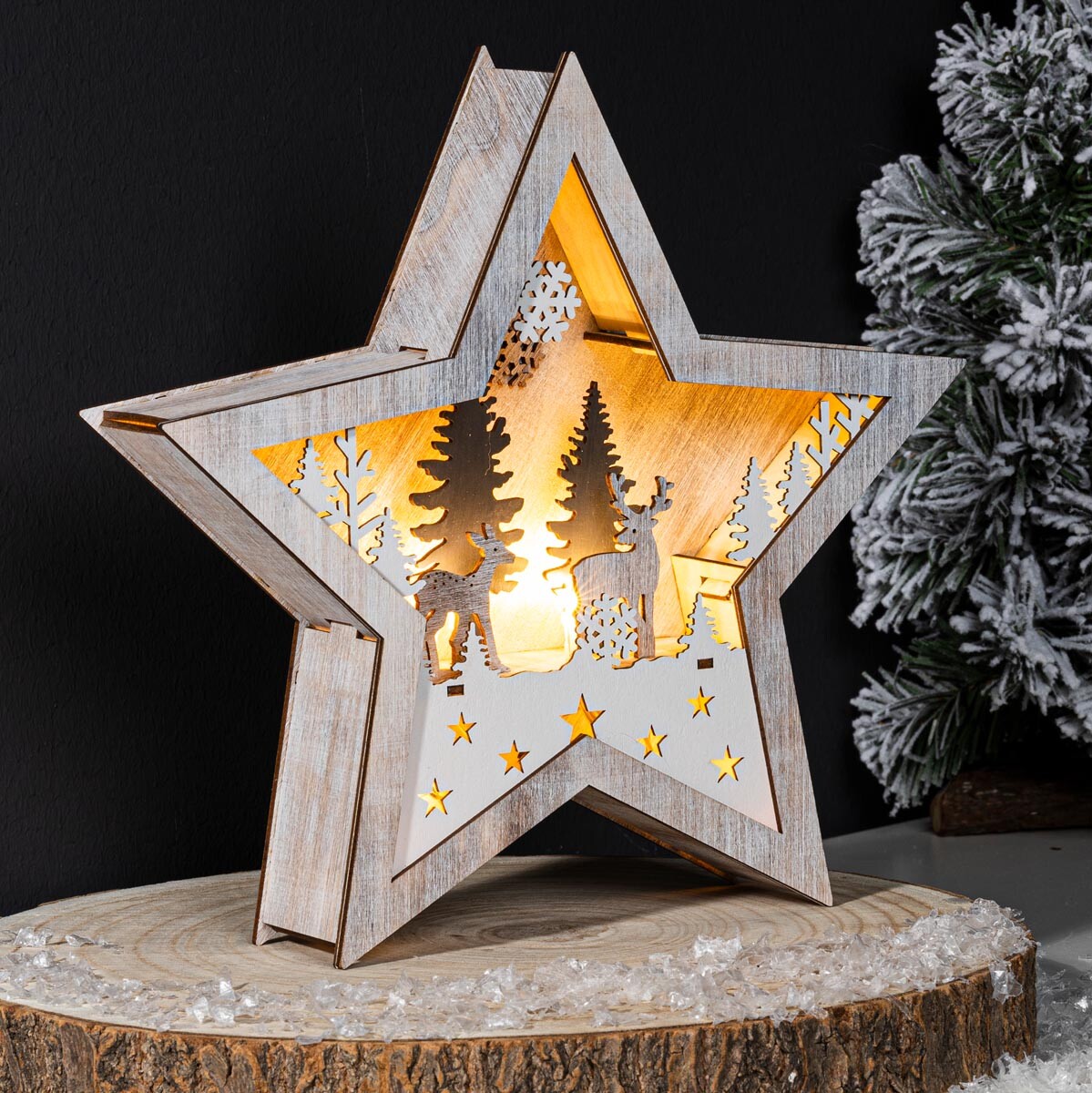 LED drevená hviezda Zimný les