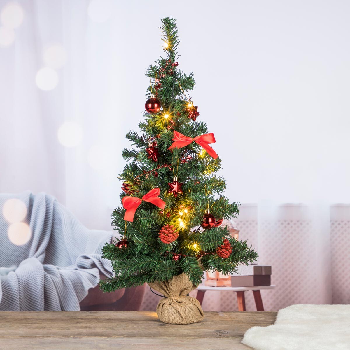 Umelý vianočný stromček 75 cm, červené ozdoby