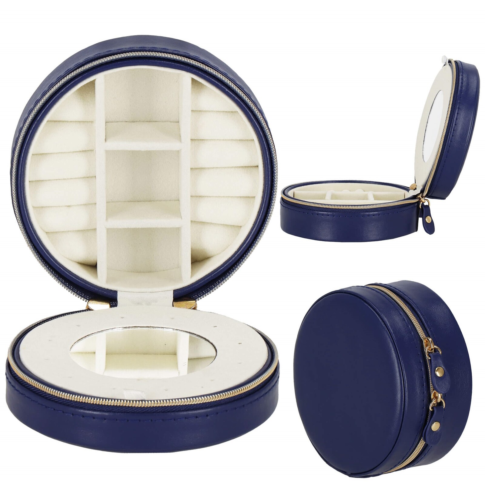 Okrúhla šperkovnica s priehradkami - 11x5 cm - tmavomodrá ekokoža