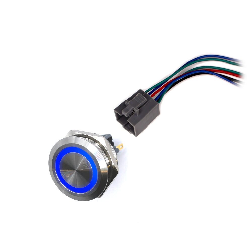 LED vodotesný spínač 30mm s aretáciou - modré podsvietenie, 12 - 24V