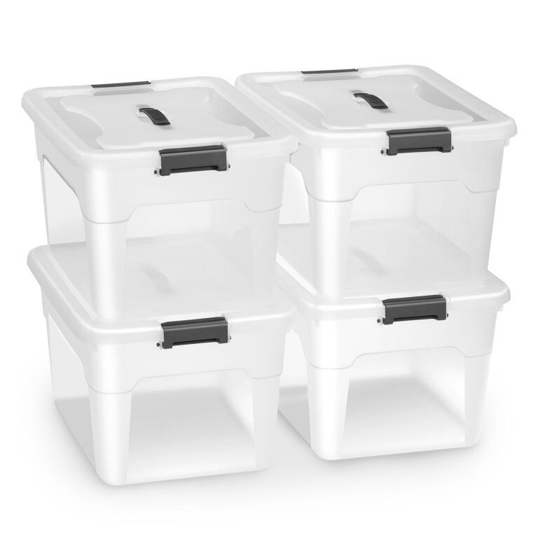 Sada 4 úložných boxov s viečkami, 30 l, plast, priehľadné