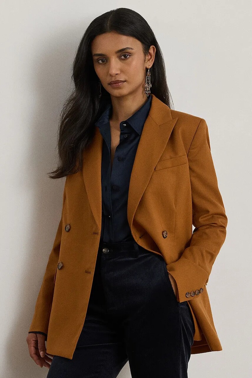 Vlnené sako Lauren Ralph Lauren hnedá farba, dvojradové, jednofarebné, 200P03863