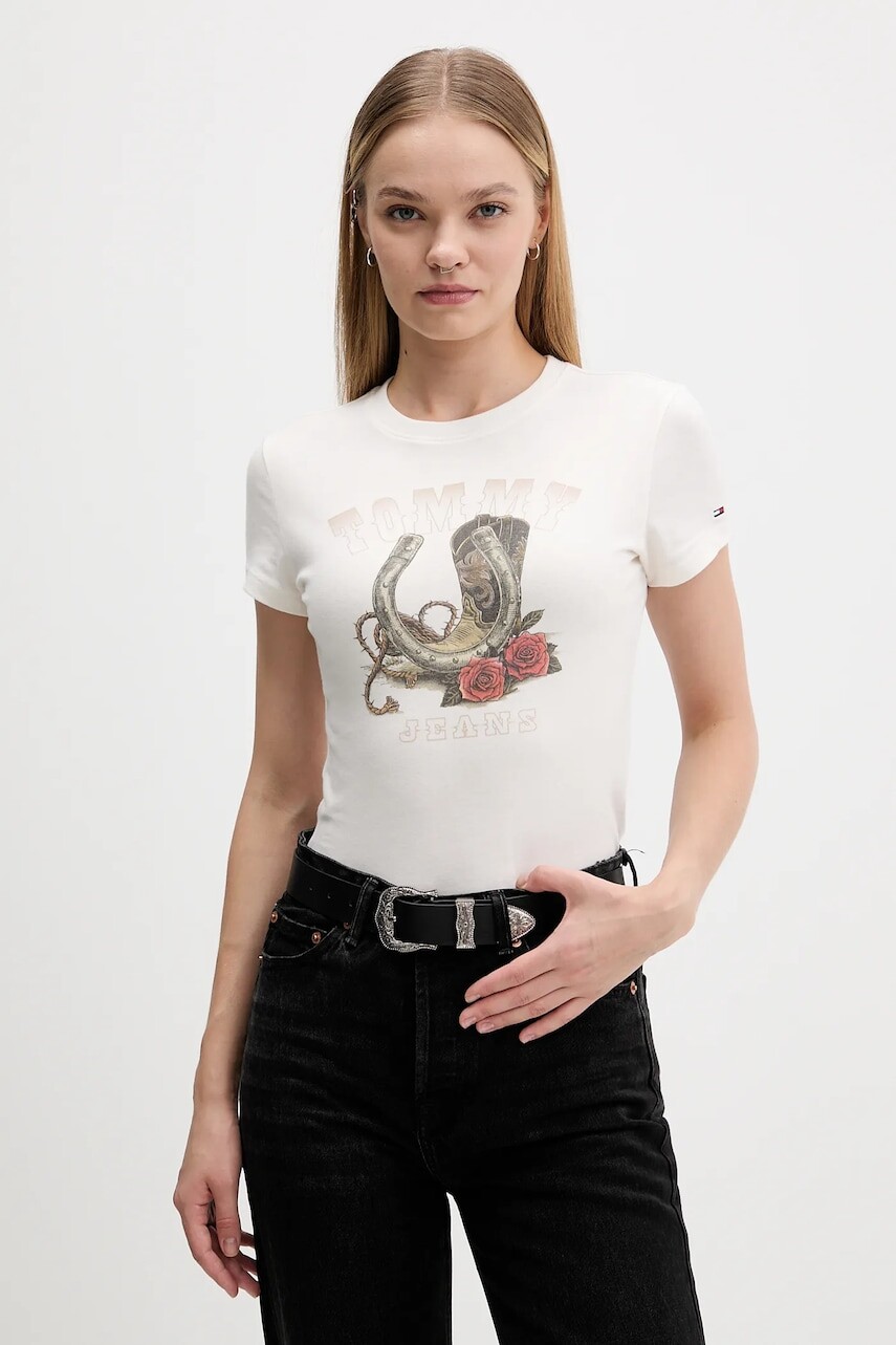 Bavlnené tričko Tommy Jeans dámske, béžová farba, DW0DW21788