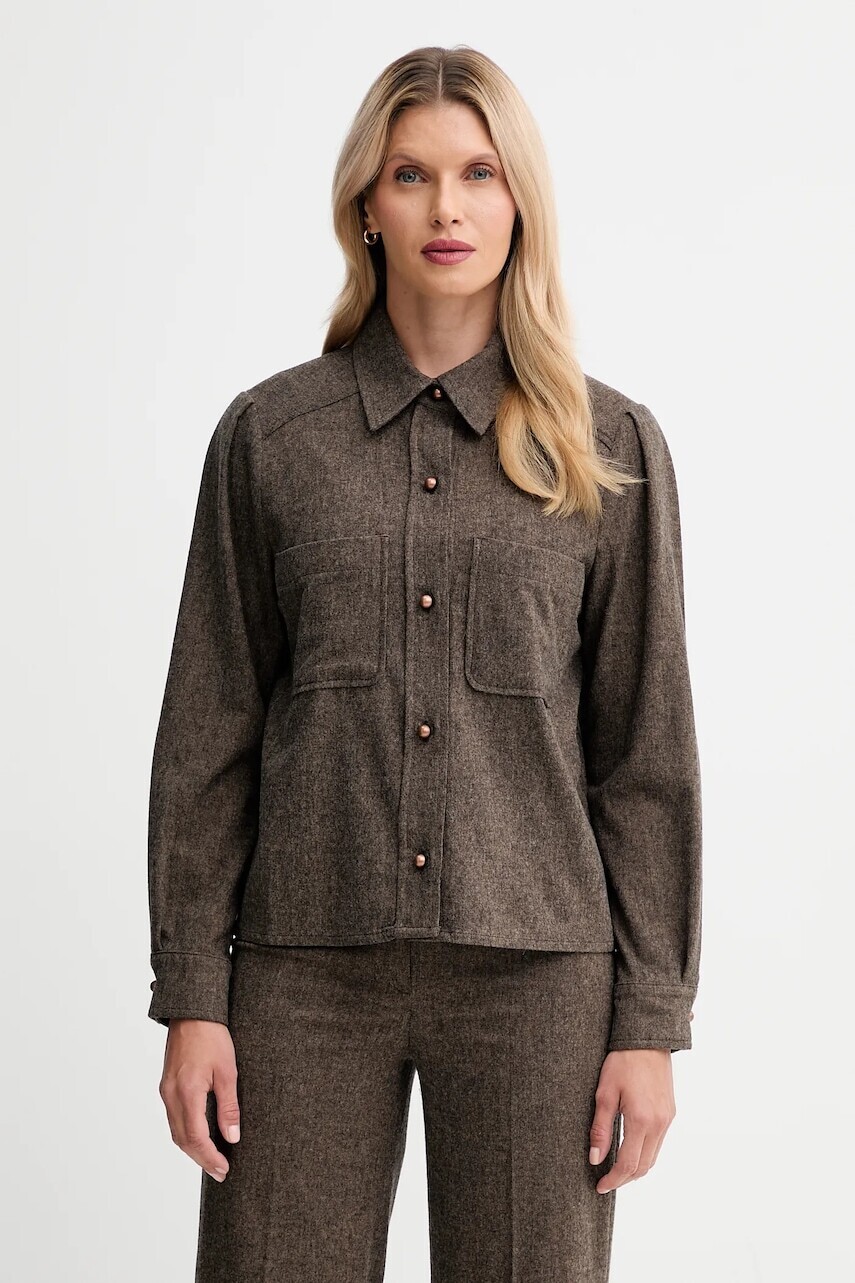 Košeľa s prímesou vlny Sessun hnedá farba, voľný strih, s klasickým golierom, 25110009