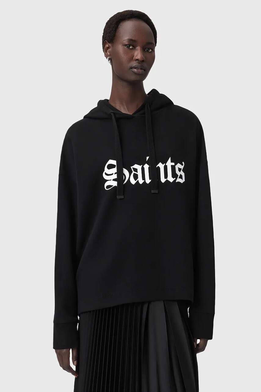 Bavlnená mikina AllSaints SAINT čierna farba, s kapucňou, s potlačou, W140JD