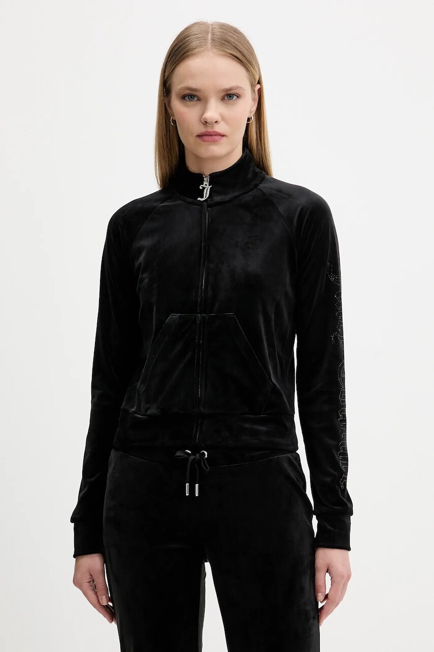 Velúrová mikina Juicy Couture čierna farba, s nášivkou, JCWCT225308
