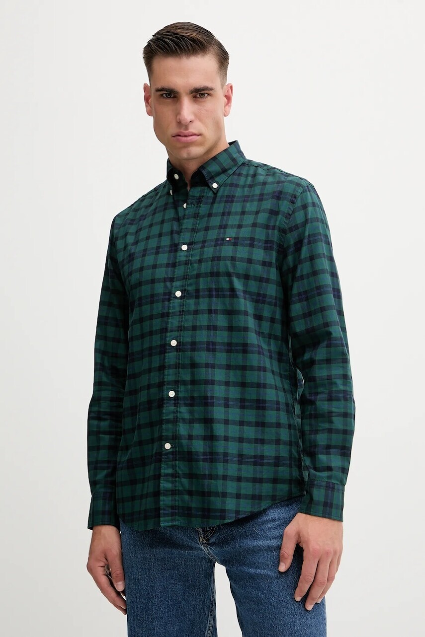 Bavlnená košeľa Tommy Hilfiger zelená farba, regular, s golierom button-down, MW0MW41493