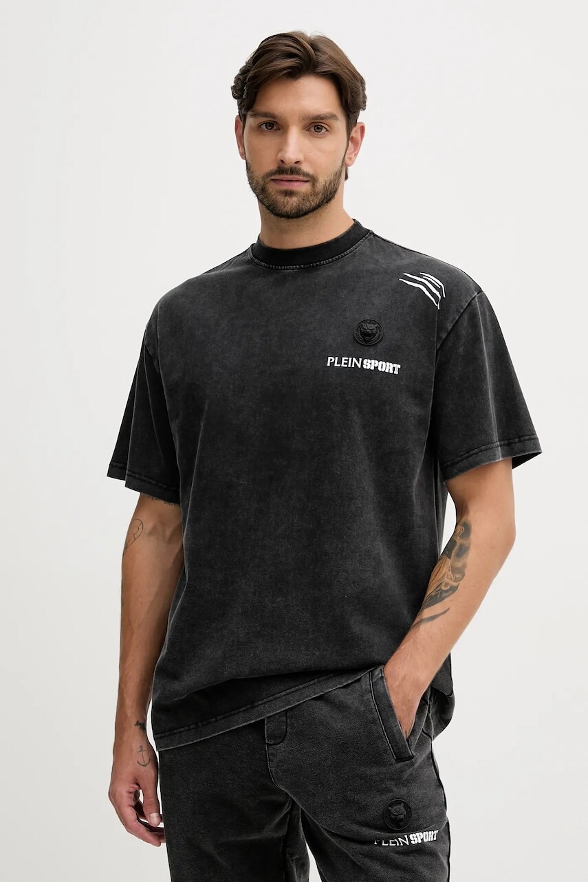 Bavlnené tričko PLEIN SPORT pánske, čierna farba, s nášivkou, FAEC MTK8377 STE001N