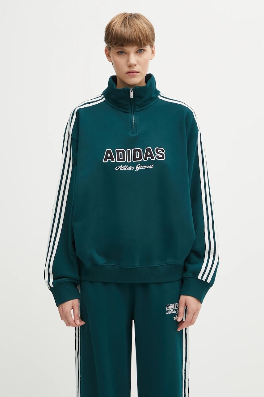 Bavlnená mikina adidas Originals Quarter Zip zelená farba, s nášivkou, KF2309