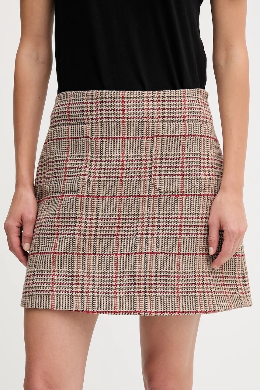 Sukňa s prímesou vlny Tommy Hilfiger hnedá farba, mini, áčkový strih, WW0WW48265