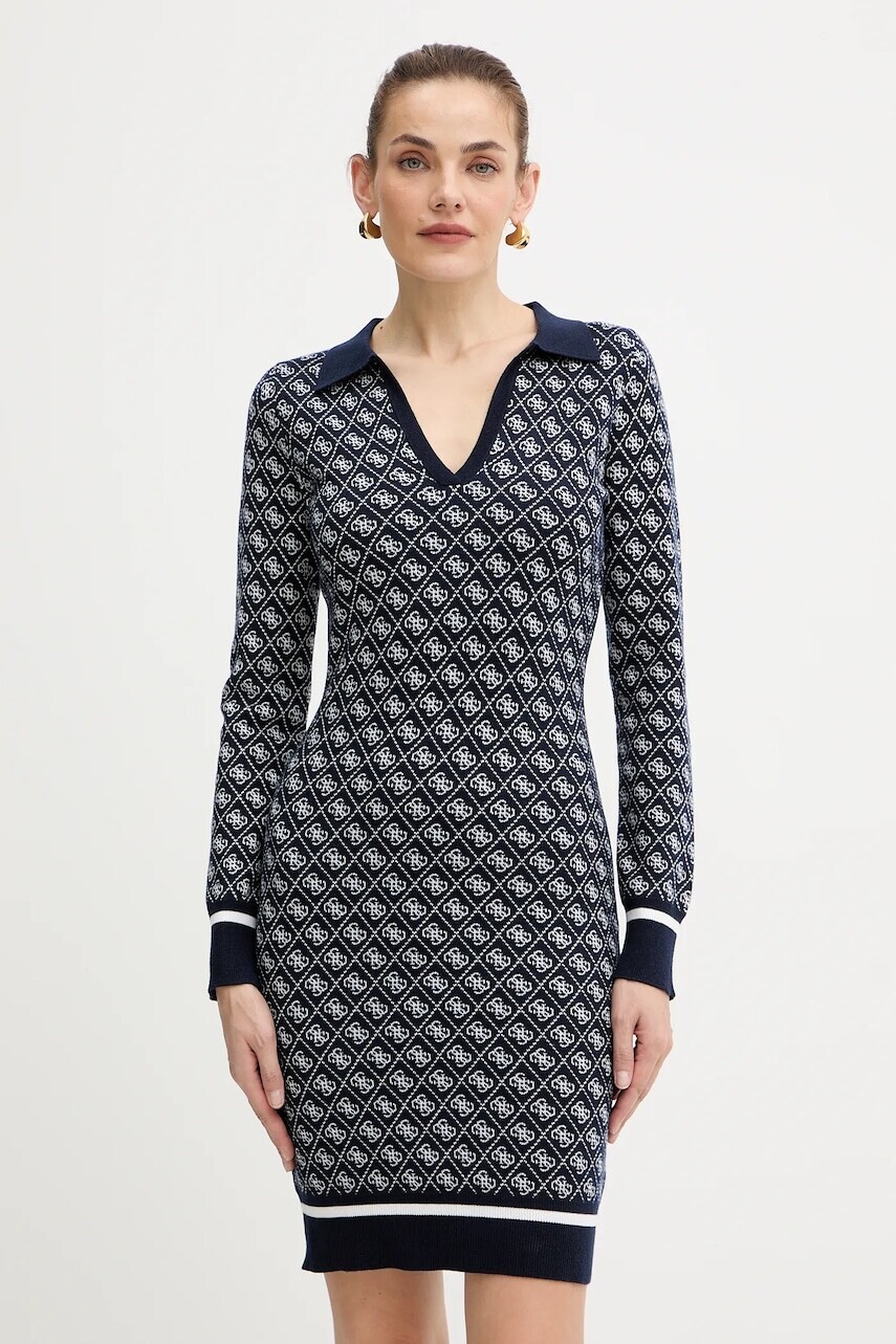 Šaty s prímesou vlny Guess AUBREY tmavomodrá farba, mini, priliehavé, W5BK25 Z3JD2