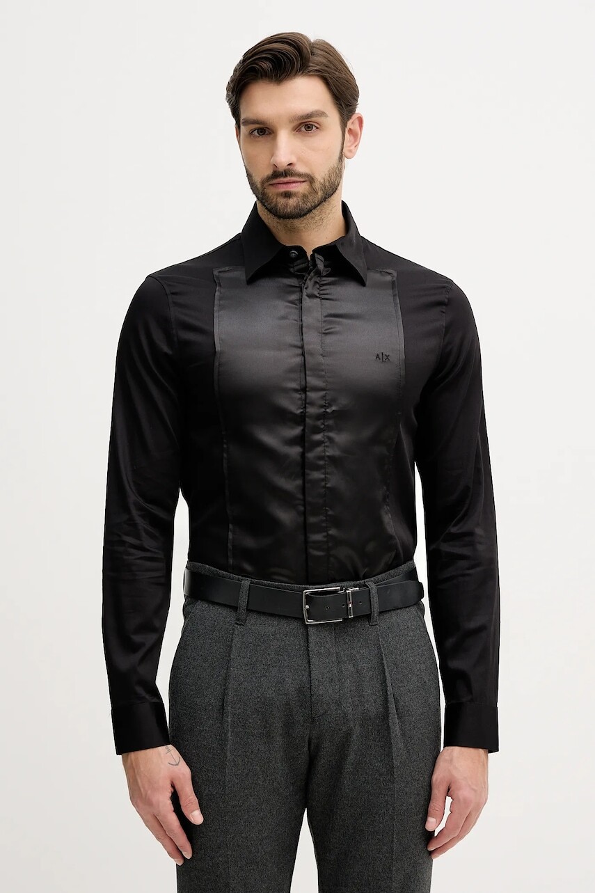 Košeľa Armani Exchange čierna farba, slim, s klasickým golierom, XM001502 AF10192