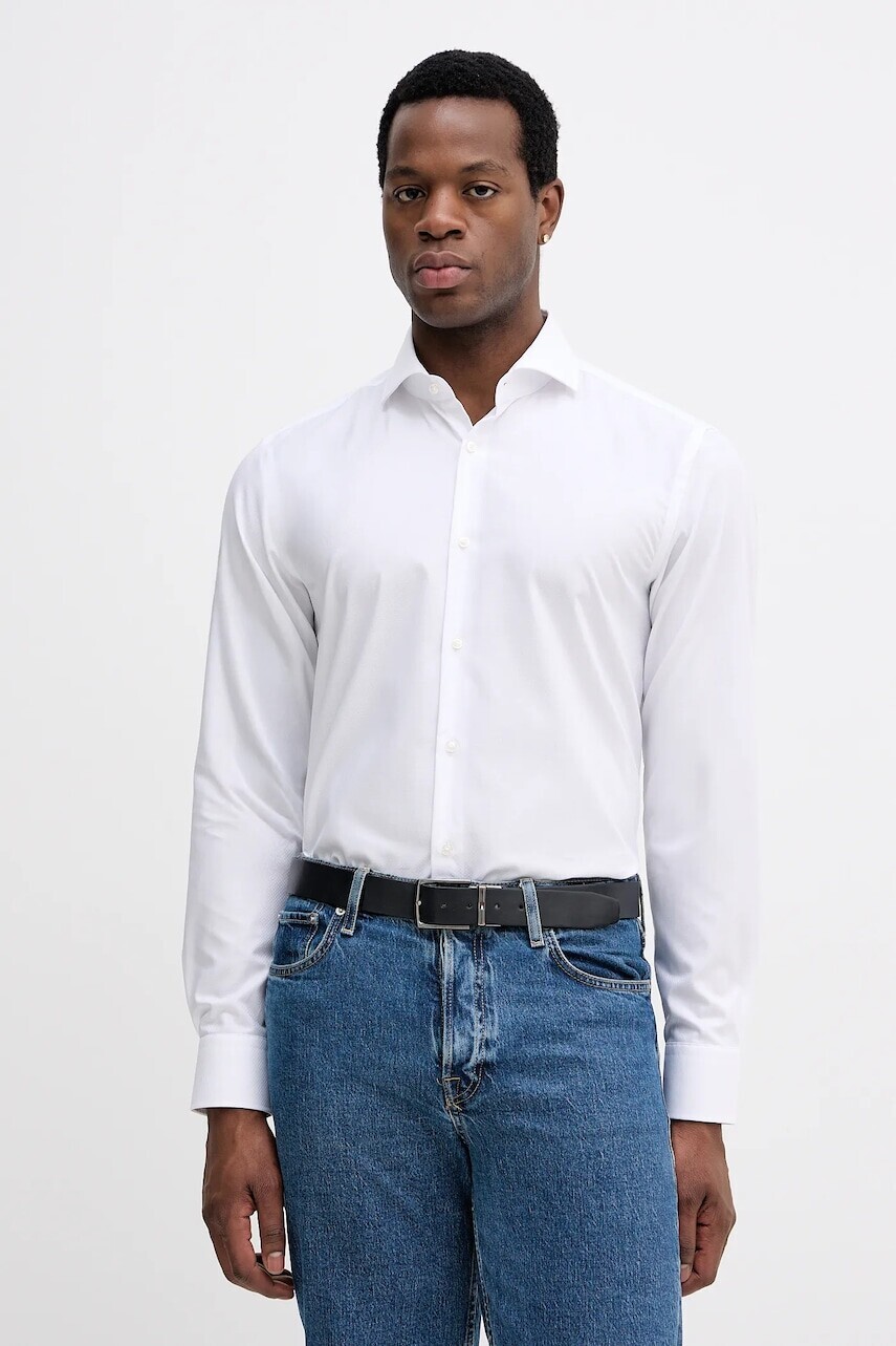 Bavlnená košeľa BOSS biela farba, slim, s talianskym golierom, 50555995