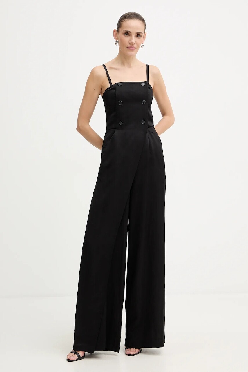 Overal s prímesou ľanu Karl Lagerfeld TAILORED JUMPSUIT čierna farba, s hlbokým výstrihom, B1W13010