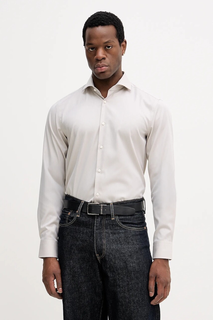 Bavlnená košeľa BOSS béžová farba, slim, s klasickým golierom, 50555982