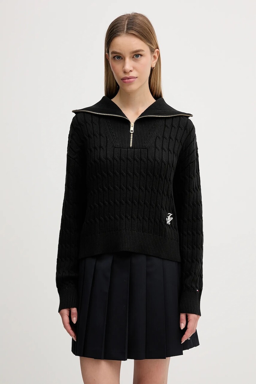 Bavlnený sveter Tommy Hilfiger čierna farba, s rolákom, WW0WW47643